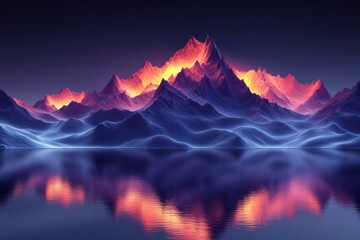 A stunning digital landscape featuring glowing mountains and reflective water.
