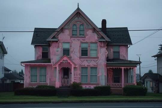 A large, pink Victorian house stands under a cloudy sky, showcasing intricate architecture and a unique color scheme.