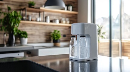 Modern kitchen counter with water filtration system and glass bottles