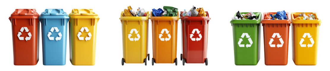 Colorful recycling bins isolated on a transparent background for eco-friendly themes