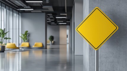 Yellow Diamond Shaped Road Sign with No Text in Modern Office Environment, Interior Design of Workspace with Minimalistic Style