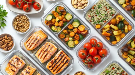 Healthy meal prep in glass containers.