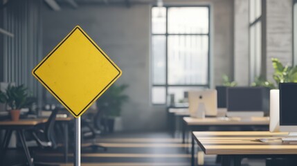 Yellow Diamond Shaped Road Sign with No Text in Modern Office Environment Featuring Minimalist Design and Natural Light Streaming Through Windows