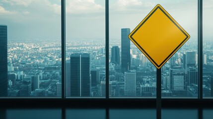 Yellow Diamond-Shaped Road Sign with No Text in a Cityscape Background Highlighting Urban Environment and Infrastructure