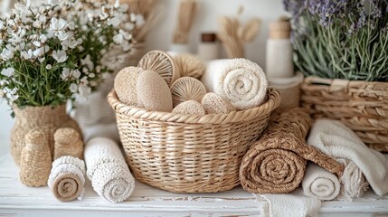 Spa-like bath products in wicker basket, towels, flowers