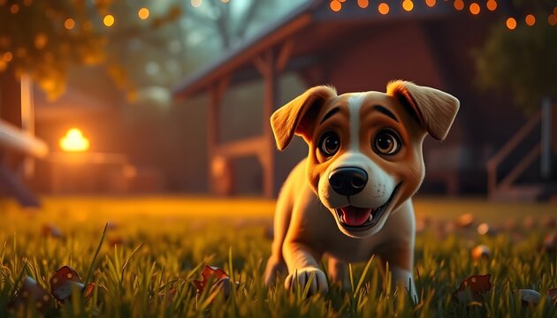Adorable Jack Russell Puppy in Sunset Backyard Scene