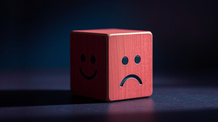 two sides of wooden cube with smiling and sad facial expressions, concept of split personality, mental health