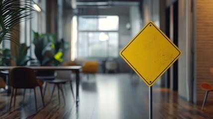 Yellow Diamond-Shaped Road Sign in Modern Office Space with Minimalist Design and Abundant Natural Light