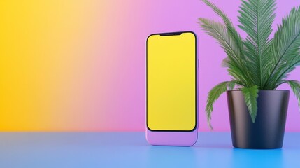 Modern Smartphone with Yellow Screen and Green Plant Displayed
