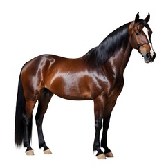 Naklejka premium Stunning Brown Horse with Elegant Mane and Tail Against White Background