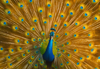 Obraz premium A vibrant peacock displaying its colorful feathers, symbolizing beauty and self- Est-val in nature., photo realistic, national geographic photography 
