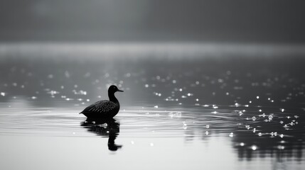 Solitary bird on a calm lake, serene and peaceful. Black and white photo capturing a tranquil moment in nature.