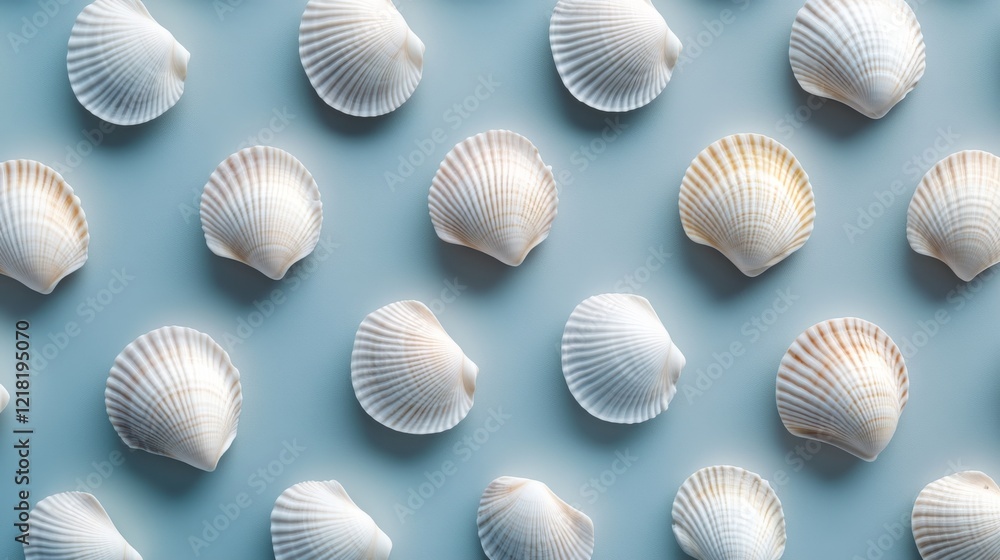 Poster white seashells arranged in a repeating pattern on blue