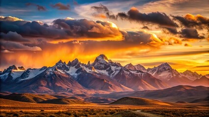 Atmospheric sunset over the Andes mountain range in South America at dusk, Earth Globe, Mountain Range