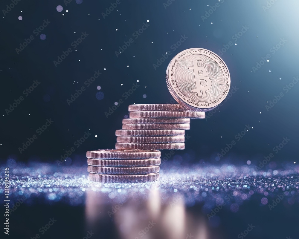 Poster digital bank logo creation using bitcoin coins futuristic holographic setting cryptocurrency technol