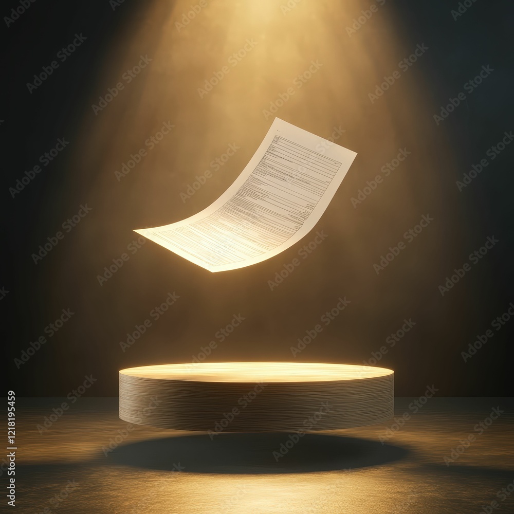 Poster illuminated floating tax forms on a glowing stage business environment digital presentation minimali