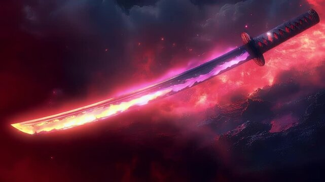 Glowing katana sword floats over fiery, dark landscape.