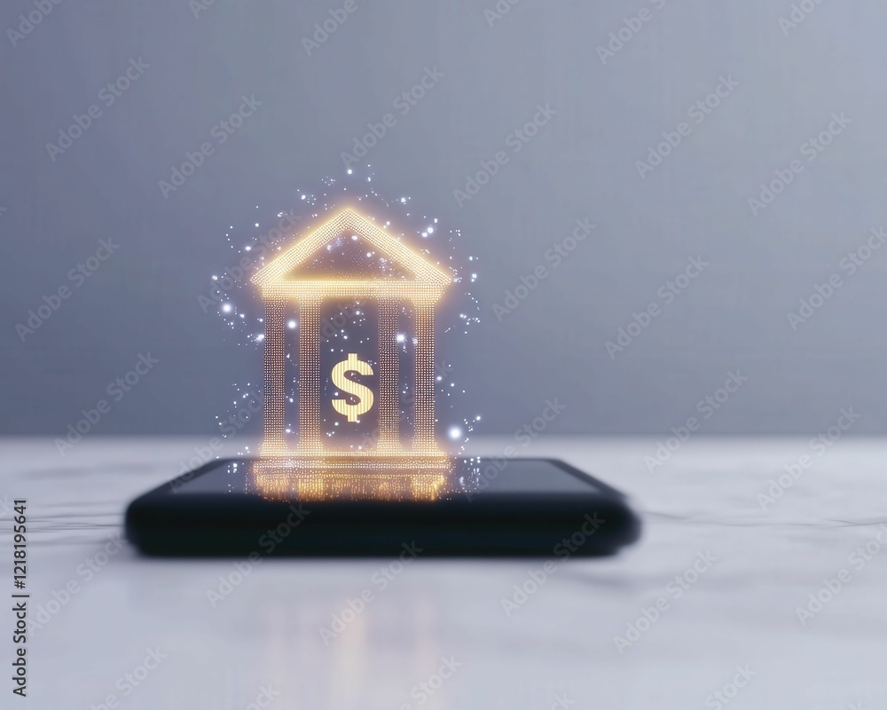 Poster futuristic mobile banking interface displaying glowing currency digital device technology modern env