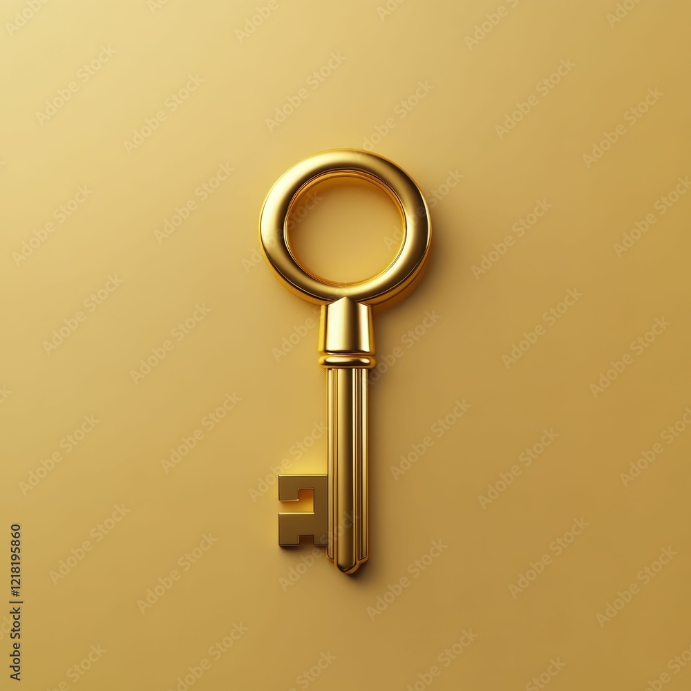 Wall mural Minimalist safe deposit key and lock focused detail golden hue calm background close-up perspective security concept