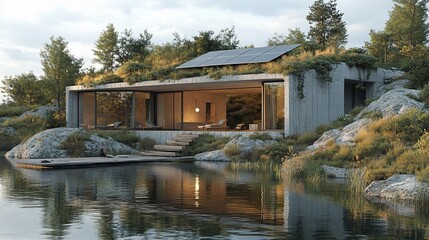 Modern eco-friendly house by lake.