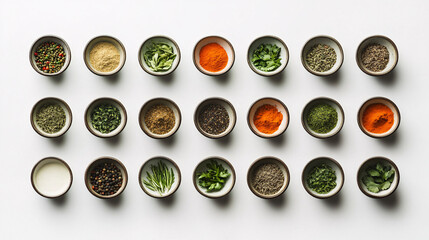 top view of colorful spices and herbs in small bowls on white background