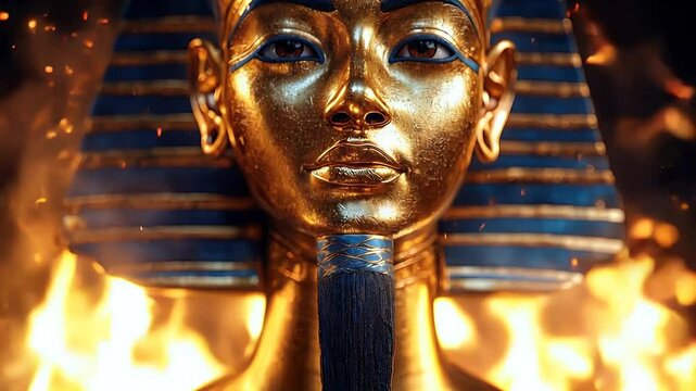 Golden pharaoh mask, ancient Egypt, close-up, detailed texture, blue background, sparkles.