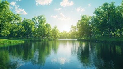 Serene summer landscape sunlit lake reflecting lush green trees.