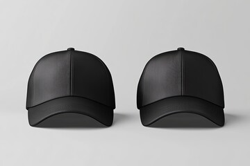 Two black baseball caps, front view, mockup.