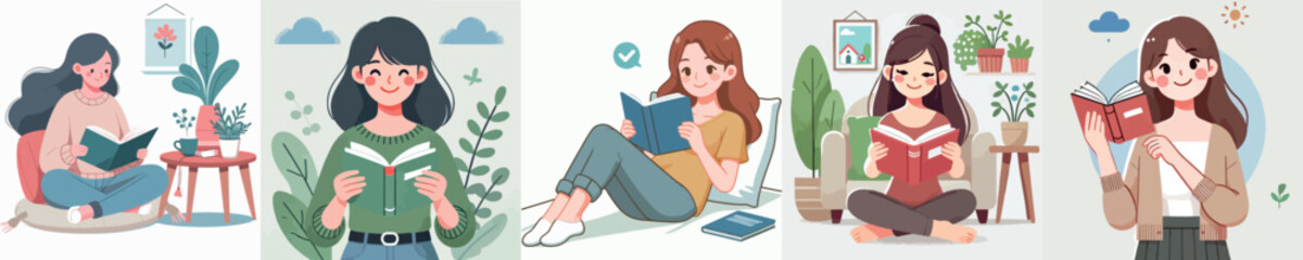 Woman reading a book with happy expression