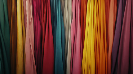 colorful fabric swatches hanging in a row for fashion design or textile industry background