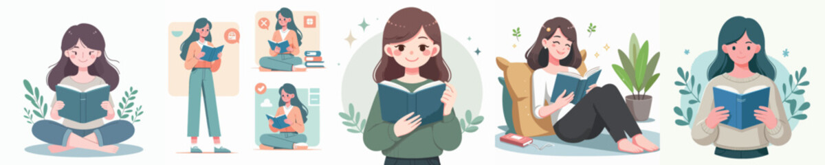 Woman reading a book with happy expression