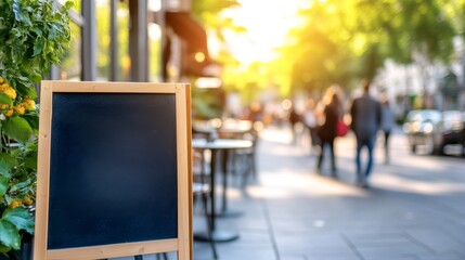Obraz premium Outdoor cafe scene with empty chalkboard sign, people walking by in sunlit urban setting