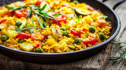 Close-up of rice and vegetable paella with saffron on a rustic wooden table, emphasizing vibrant colors and rich flavors. Ideal for Spanish cuisine and festive meals.