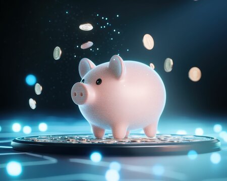 Digital piggy bank concept virtual platform 3d animation modern environment close-up view financial savings innovation