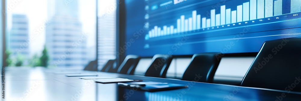 Poster a bi presentation in a boardroom with a large screen display, with room for text