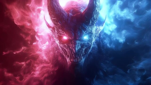 Fierce demonic creature with horns engulfed in red and blue flames.