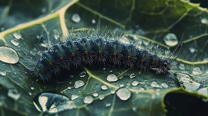 Dark fuzzy caterpillar on dew-covered leaf.