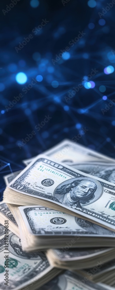 Aufkleber analyzing tax trends graph with cash piled on digital interface financial insights virtual environme