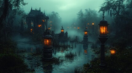 Mysterious foggy swamp scene with ancient building and lanterns.