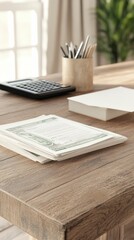 Obraz premium Banker's desk with documents calculator and cash in office space modern environment top-down view finance concept