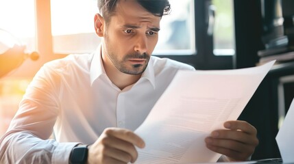 Concerned Businessman Sitting at Desk Holding Document with Trade Tariff Details, Blurred Background Emphasizing Document and Expression. Concept of Economic Impact and Business Challenges.
