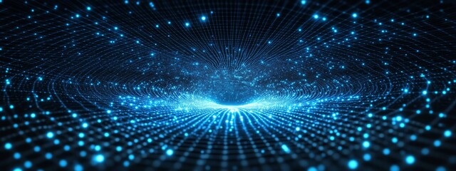 Fototapeta premium Abstract blue glowing particles converge to a central point, creating a futuristic, digital tunnel effect.
