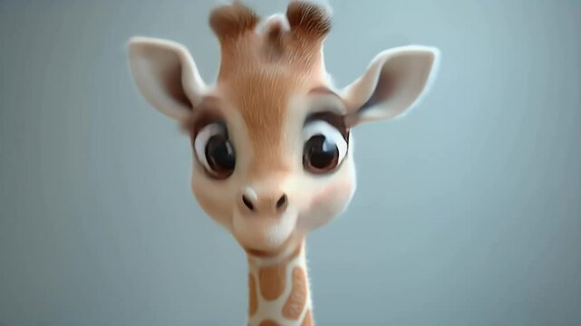 Adorable cartoon baby giraffe portrait, smiling, close-up.