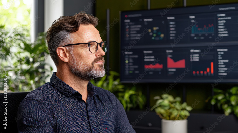 Poster a focused professional analyzes data insights in a modern workspace, surrounded by plants and equipp