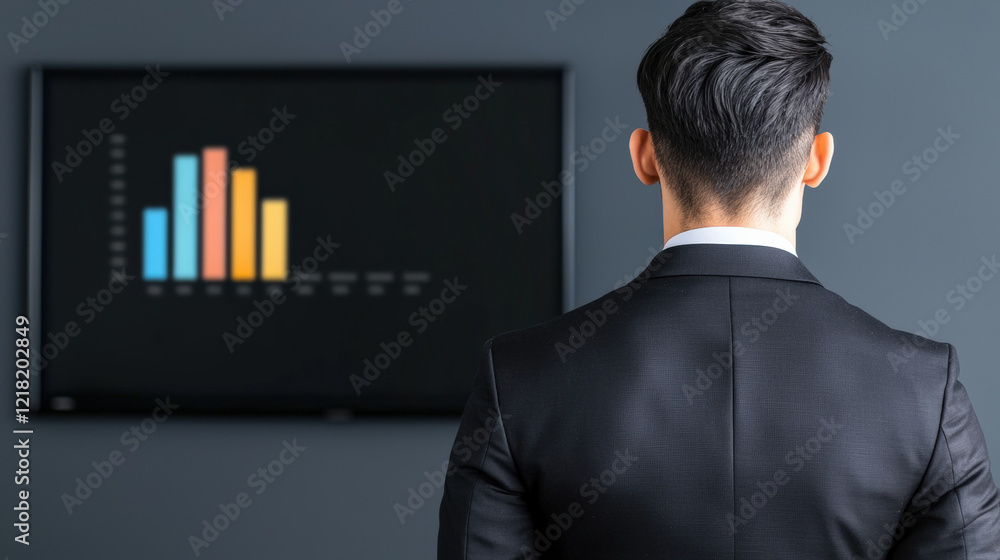 Poster a businessman observes a colorful data graph on a screen, dressed in a suit, indicating a profession