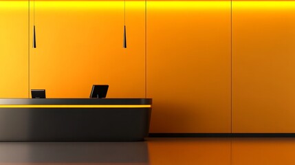 Modern reception area with sleek black desk and vibrant orange wall, creating a welcoming atmosphere
