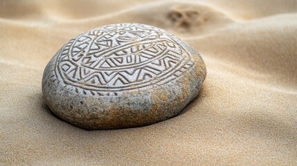Obraz premium Engraved Stone on Sandy Beach: A Symbol of Serenity and Ancient Craftsmanship