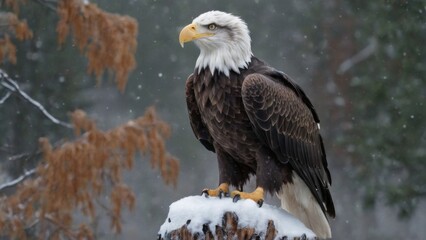 Obraz premium Bald Eagle Perched on Snowy Tree Stump in Winter Forest