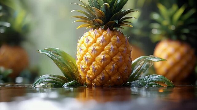 A ripe pineapple sits in the center, surrounded by blurred pineapples and lush green foliage.  The scene is bathed in soft, natural light, creating a tranquil and vibrant atmosphere.