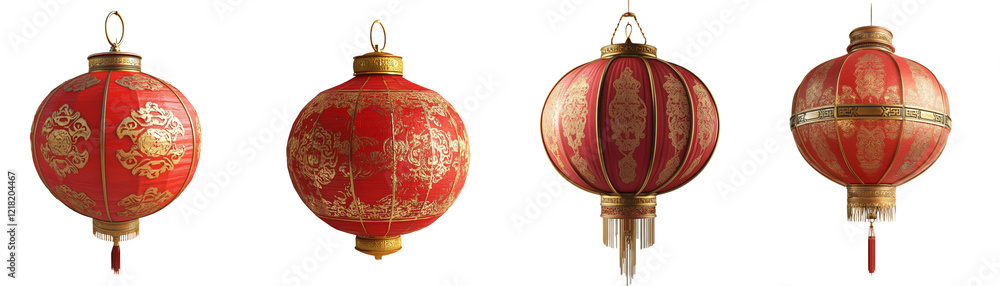 Poster the image showcases four intricately designed red and gold chinese lanterns, each with unique patter
